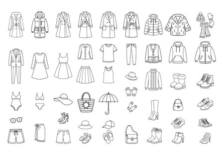 Black and white clothing icon set. Fashion illustration of clothes, shoes and accessories.のイラスト素材