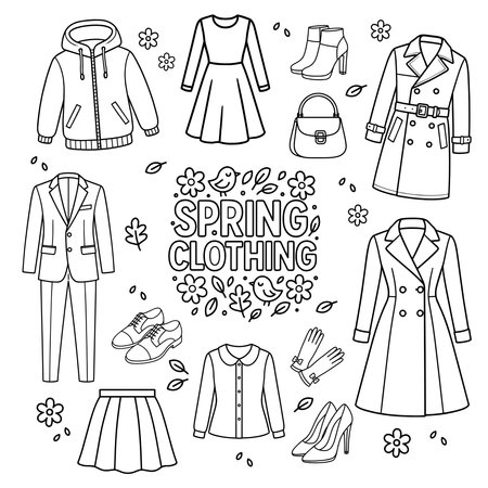 Spring clothing icon set. Black and white vector line illustration with coat, dress, shoes, and flowersのイラスト素材