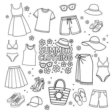 Summer clothing icon set. Black and white vector line art of summer outfits, swimwear, hats, and shoesのイラスト素材