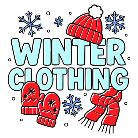Winter clothing text design with hat, mittens, scarf, and snowflakes. Colorful vector illustrationのイラスト素材