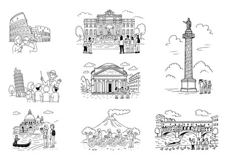 Line art of Italy top sights with tourists, landmarks, guides, and views in black and white.のイラスト素材