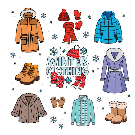 Warm winter clothing set with coats, boots, scarves, gloves, sweaters, and cozy essentials.のイラスト素材
