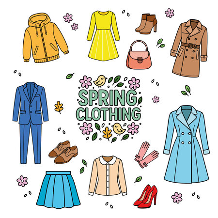 Colorful spring clothing set with dresses, trench coats, suits, accessories, and casual outfitsのイラスト素材