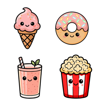 Cute cartoon icons of sweets and snacks: donut, ice cream and smoothie and popcorn with facesのイラスト素材