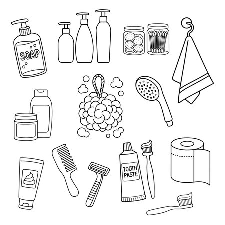 Line icons of bathroom items, hygiene, shower and care essentials, black outline on white backgroundのイラスト素材