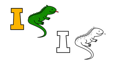 Cartoon iguana and letter I coloring book vector illustration for childrenのイラスト素材