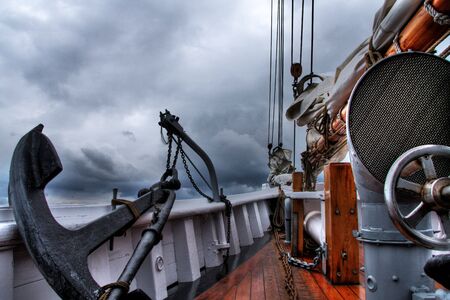 A view from the vintage deck of a classic sea schooner の写真素材