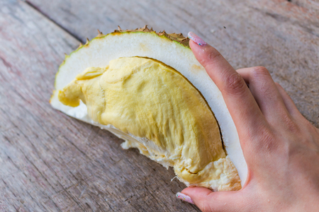 Close up Durian on woman hands on the wood table for backgroundの写真素材
