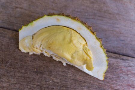 Thailand fruit durian on the wooden table for backgroundの写真素材