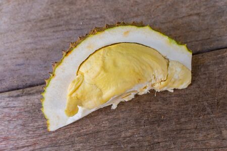 Thailand fruit durian on the wooden table for backgroundの写真素材
