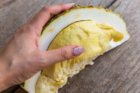 Close up Durian on woman hands on the wood table for backgroundの写真素材
