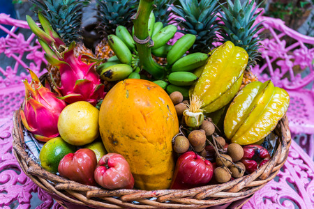 Assorted fruit basket in wicker basketの写真素材
