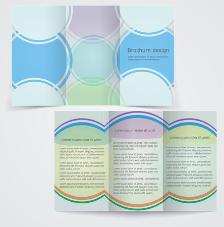 Tri-fold business brochure template, vector blue flyer design with green and purple elementsのイラスト素材