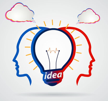 Thinking head with speech clouds, unity of thought, a new idea,partnershipのイラスト素材