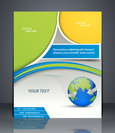 Vector layout business flyer with world map, magazine cover, template or corporate banner design in blue and green colorsのイラスト素材