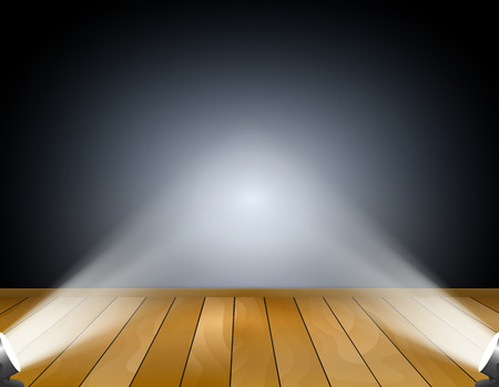 Dark background with spotlights or projection lamps  Studio with wooden floorのイラスト素材