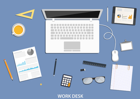 Workspace, flat desktop design with business iconsのイラスト素材