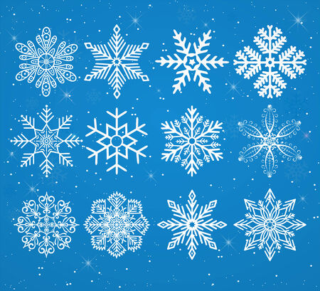 Set of snowflakes on a snowy background with starsのイラスト素材