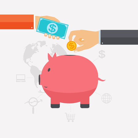 Business hand saving money and coins in a pink piggy bank.のイラスト素材