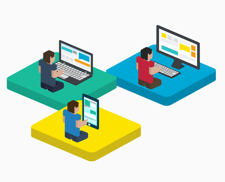 People work on digital devices in web, design in flat isometric style, communication in the Internet on a laptop, phone and PC.のイラスト素材