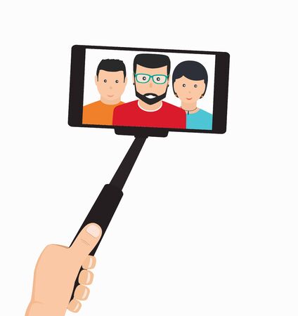 Monopod in Hand Taking Selfie in the Group of People On a Mobile Phone, Tool For Phones on White Backgroundのイラスト素材