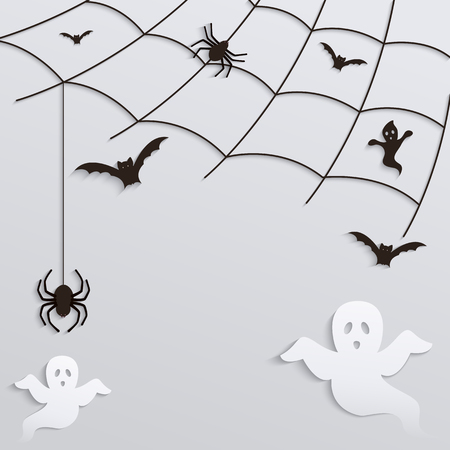 Halloween Background. Spider web with flying ghosts and bats.のイラスト素材