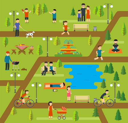 Rest in a public park, Camping in the park, picnic, biking, walking the dog in park, yoga sessions, running in park, holidays by the lake, family holiday in nature.のイラスト素材