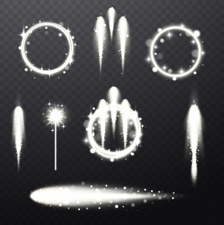 Bright festive light beams. Glowing effects, magic wand, sparkling circles isolated on checkered transparent background.のイラスト素材