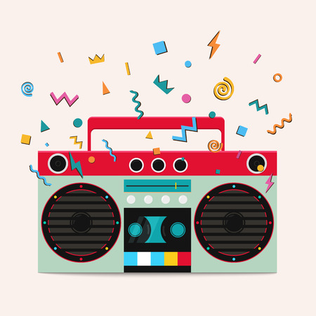 Retro stereo cassette player. Music center publishes sound waves.のイラスト素材
