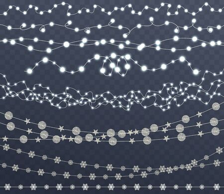 Christmas glowing lights, garlands, holiday decorations in form of stars and snowflakes. Isolated New Year lighting effects.のイラスト素材