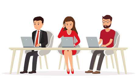 Business people behind a desk working on a laptop.Teamwork in network.のイラスト素材