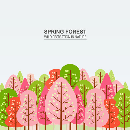 Spring forest with pink, red and green trees.のイラスト素材