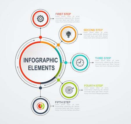 Presentation business infographic template with 5 options. Business concept with integrated circles. Flowchart, steps, timeline infographics, workflow layoutのイラスト素材