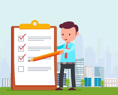 Businessman is holding pencil and notes list  tasks on background big city. Concept of successful completed business planのイラスト素材