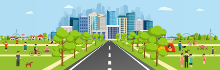 Public park with a road leading to a modern big city with skyscrapers. Camping in the park.のイラスト素材