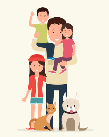 Big family. Father with children and animalsのイラスト素材
