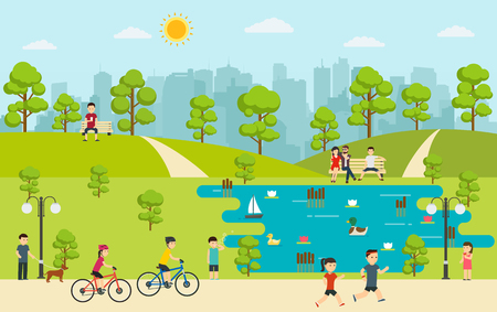 Public park with people relaxing in nature. Camping in park.のイラスト素材