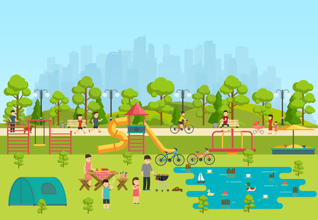 Public park with a playground and a lake, Camping in park.のイラスト素材