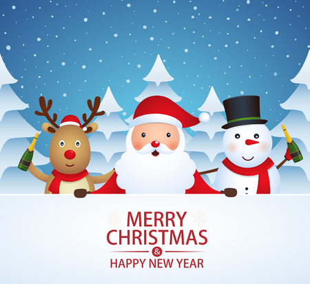Christmas companions with champagne on a snow-covered background with Christmas trees. Santa Claus, snowman, reindeer on winter background.のイラスト素材