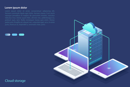 Data center with digital devices. Concept of cloud storage, data transfer. Data transmission technology.のイラスト素材