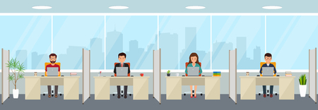 Modern office interior with employees. Creative office workspace with big window, furniture in interior, desktop, laptop.のイラスト素材