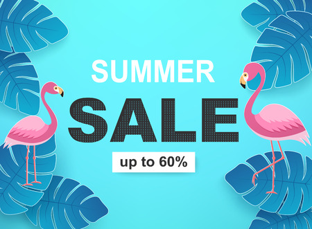 Banner with tropical leaves and flamingos in blue colors. Summer sale background.のイラスト素材