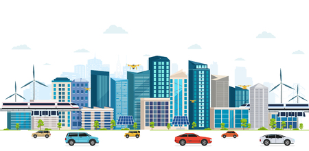 Urban landscape with large modern buildings, skyscrapers, skyway. Street, highway with cars on white background. Concept city.のイラスト素材