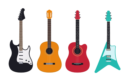 Guitar set, acoustic, classical, electric guitar, electro-acoustic. Stringed musical instruments.のイラスト素材