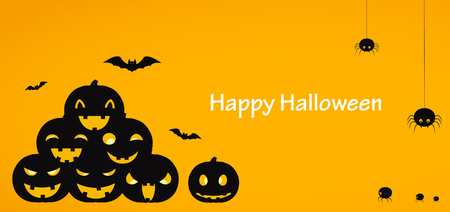 Happy Halloween. Yellow background or banner with pumpkins, descending spiders and bats.のイラスト素材