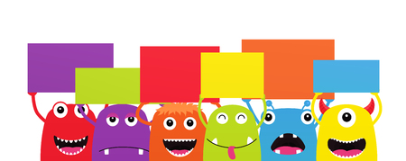 Set of funny cartoon monsters with dialogue speech banners. Characters Halloween on white background.のイラスト素材