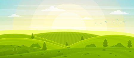 Sunny rural landscape with hills and fields at dawn. Summer green hills, meadows and fields, blue sky with white clouds.のイラスト素材