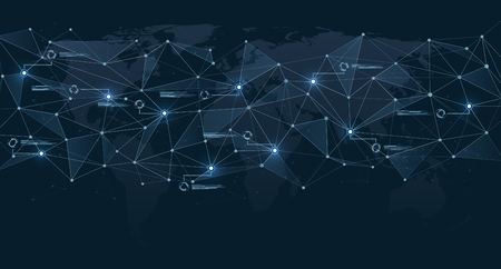 Structure of polygonal connections on world map. Global network and digital data visualization. Concept of communication technologies and Internet businesses worldwide.のイラスト素材
