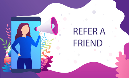 Woman screams in megaphone, Refer a friend, recommend to  friend. Landing page marketing concept, blogging promotion services, web sites, mobile apps.のイラスト素材
