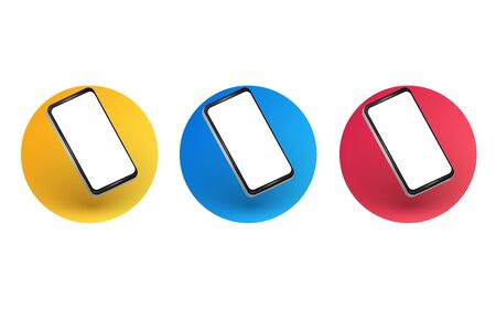 Smartphone layout at an angle. Mobile phone frames with a blank white display in color circles. Mobile device concept, presentation template.のイラスト素材